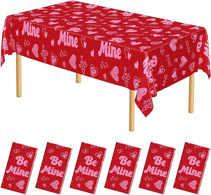 QZYL 6 Pcs Valentines Tablecloth, 54" X 108" Pink Love Heart Plastic Table Cover, Valentines Disposable Rectangle Table Cloth, Valentine's Decorations for Love Wedding Engagement Anniversary Party