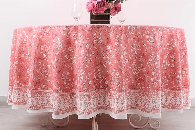 Ridhi Block Print Round Sweet Pink Reusable Tablecloth 100% Cotton 60" Inch Decorative Table Cover eveyday Dining, Home, Party, Wedding, Farmhouse Gift for Spring, Easter, Valentine