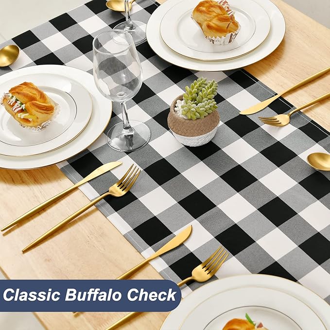 Hiasan Buffalo Plaid Table Runner Black and White, Classic Farmhouse Tabletop Collection, Waterproof Table Runner for Kitchen Dining, Banquet, Restaurant, Outdoor Use, 14W x 60L, 1 Piece