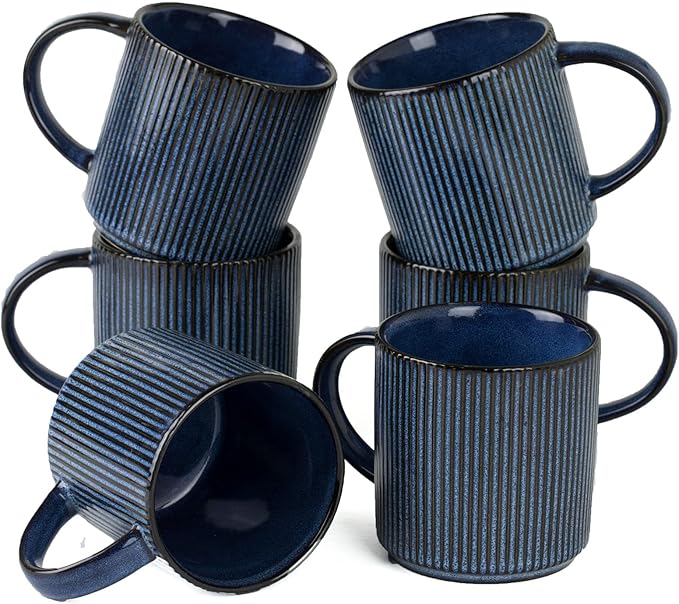 famiware Coffee Mug Set for 6, Star 12 oz Catering Mugs Cup Set with Handle for Coffee, Tea, Cocoa, Milk - Ceramic Stoneware Drinkware Set, Nebulas Blue
