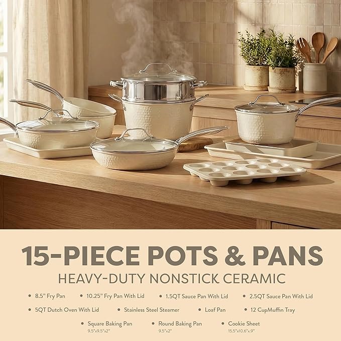 Gotham Steel Hammered 15Pcs Ceramic Cookware Set Nonstick, Induction Pots and Pans Set Non Stick with Bakeware Set & Steamer for Cooking, Non Toxic PFOA PFOS Free, Oven & Dishwasher Safe, Cream White