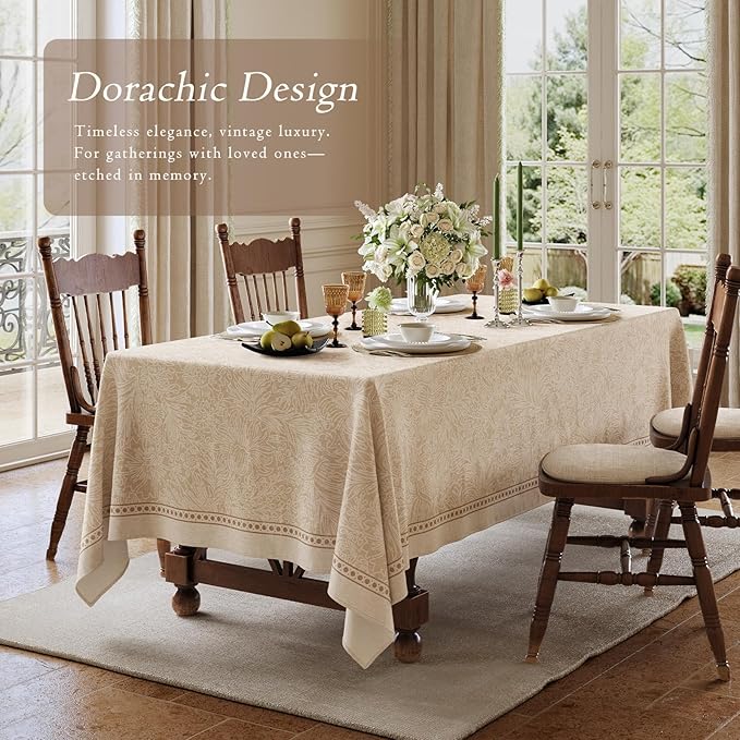 French Linen Tablecloth Rectangular, Vintage Floral Beige Table Cloth, Waterproof Table Cover for Picnic Dining Party Wedding Christmas, Ivory Beige, 55x71''