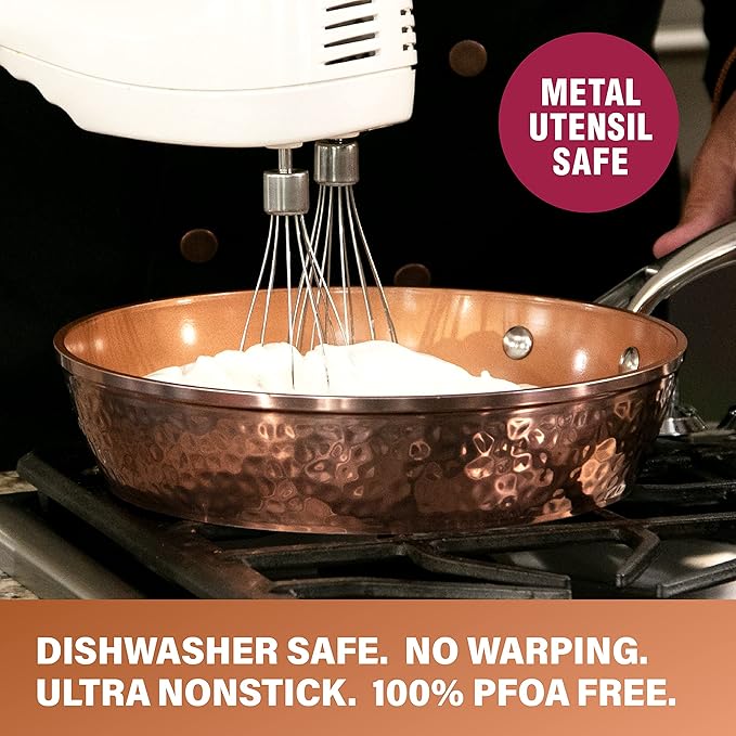 Gotham Steel Hammered Copper 14 Inch Non Stick Frying Pan with Lid, Nonstick Frying Pan with Ceramic Coating and Induction Plate for Even Heating, Oven / Dishwasher Safe, 100% Healthy & Non Toxic