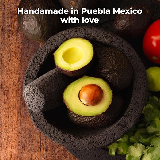 Molcajete Mexicano 8-Inch Guacamole Bowl with Pestle and Mortar Bowl Set, Volcanic Rock Molcajete, Oven Safe, Handmade in Mexico, Includes Cutting Board and Instructions, 750ml - Black Stone