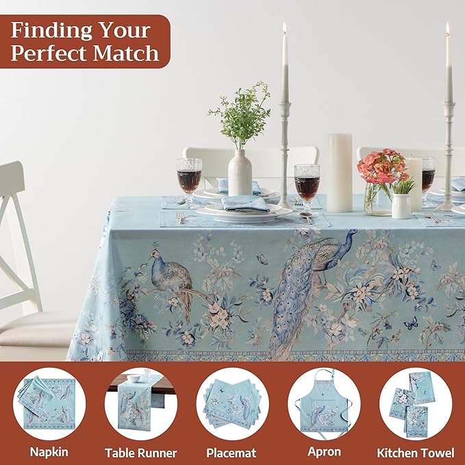 Maison d' Hermine Premium Table Cloth Rectangle Table 100% Combed Cotton 120 x 70 Inches Tablecloth Reusable Decorative for Dining Room Home Party Festive Wedding - Peacock Utopia - Pastel Turquoise