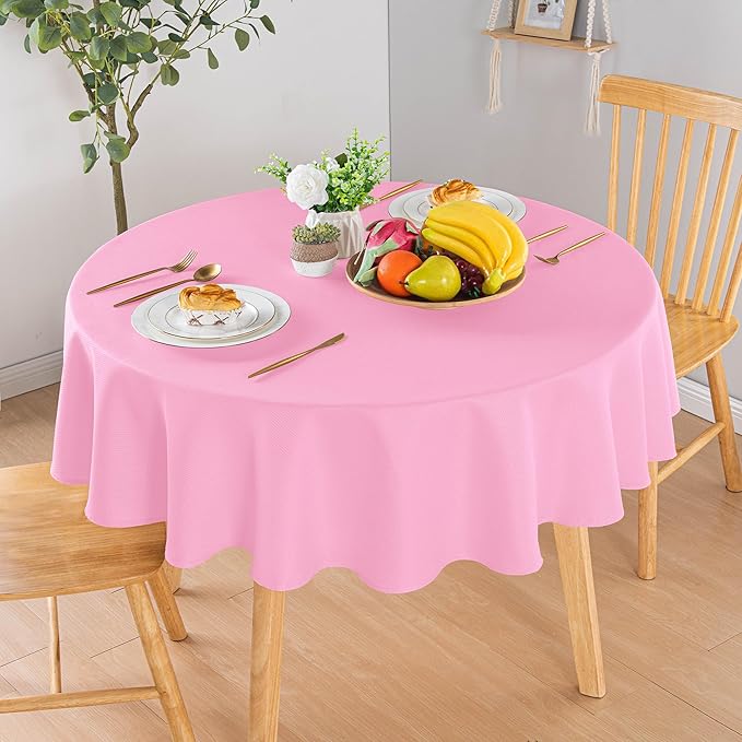 Hiasan Round Textured Tablecloth 60 Inch - Waterproof Spillproof Antiwrinkle Jacquard Table Cloth, Decorative Polyester Table Cover for Kitchen, Outdoor Picnic, Holiday and Parties, Pink
