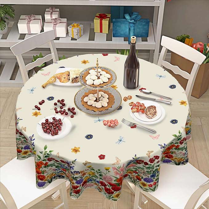 Spring Summer Flower Round Tablecloth 70 Inch Vintage Floral Butterfly Polyester Table Cloth Rustic Farmhouse Table Cover Decoration for Kitchen Dinner Party