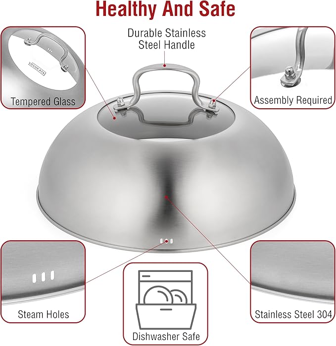 YOSUKATA Carbon Steel 11.8" Stir Fry Wok Pan - Pre-Seasoned Chinese Wok with Flat Bottom + Wok Lid 11.4 In - Premium Stainless Wok Cover with Tempered Glass Insert + 17" Wok Spatula and Ladle