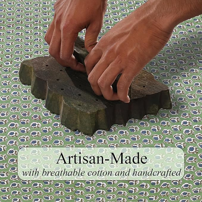 Ridhi Hand Block Print Basil Green Rectangle Cotton Tablecloth 102" x 48" Reusable Table Cover Decorative Everyday Use for Dining, Farmhouse, Home Gift for Spring, Easter, Valentine