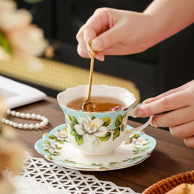 TATSUMI Country Roses 18 Peices Bone China Tea Cup And Saucer Set, English Vintage Tea Cups Of 6 For Women And Tea Party Sets(Light Green, 6 sets)
