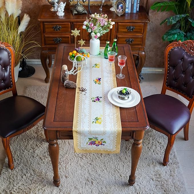 SUTAVIA Lace Embroidered Table Cloth,Rectangular Farmhouse TableCover,Classic Oblong Antique Flower Decor Macrame Tablecloth (Yellow, 14x48 Inch)
