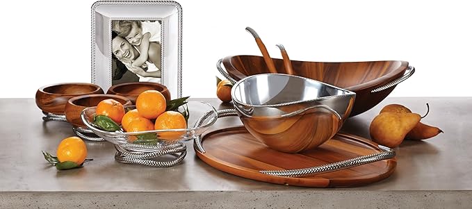 nambe Braid Condiment Server | Serving Bowl for Side Dishes, Dips, Appetizers | Chrome Base | Acacia Wood Dip Bowls | 3 Piece Serving Set | 12-Ounce Bowls
