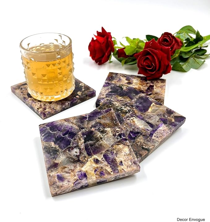 Set of 4 Luxury Natural Amethyst Coasters Set – Handcrafted Stone Drink Coasters for Serveware, Wine Coasters, Bar Coasters, Coffee Table Decor, Housewarming Gift & Wedding Gift – Modern Home Decor