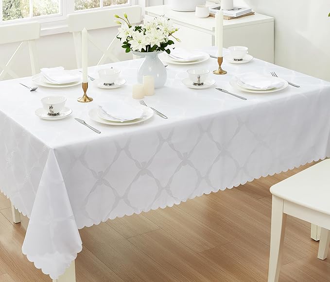 Newbridge Ribbons and Bows Damask Spring & Easter Holiday Fabric Tablecloth, White, 60 x 120 Inch Rectangle, Wrinkle & Stain Resistant Table Cover