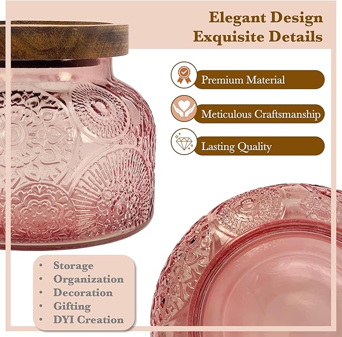 Decorative Pink Glass Jar with Airtight Wooden Lid 25.4 oz, Wide Mouth Vintage Kitchen Food Storage Container for Cookie Candy Honey Flour Spice Coffee Tea, Home Decor Sand Candle Holder Vase