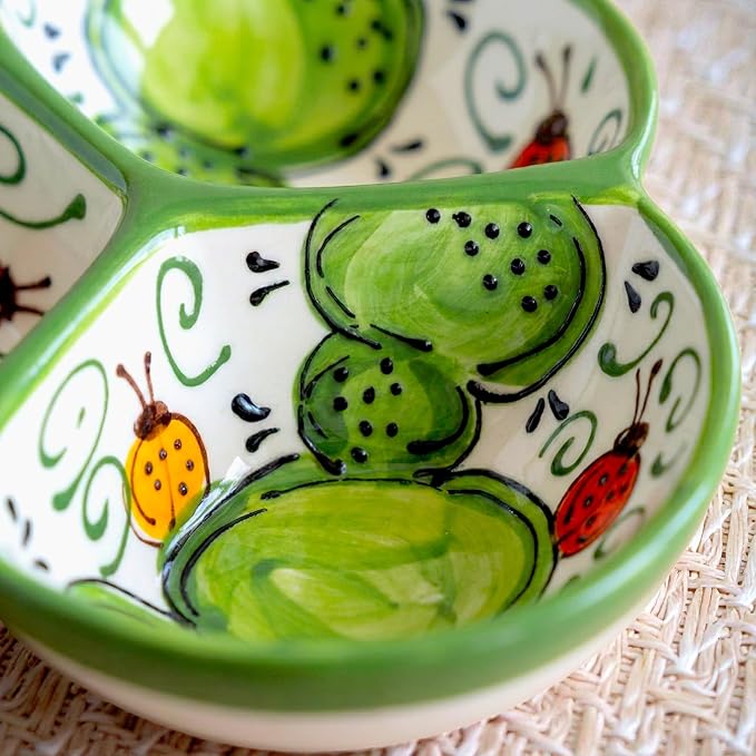 Ceramic Chip & Dip Bowl 7.5”, 3-Compartment Divided Serving Dish & Condiment Tray for Appetizers – Handmade in Spain, Lead-Free Glaze, Microwave, Oven & Dishwasher Safe