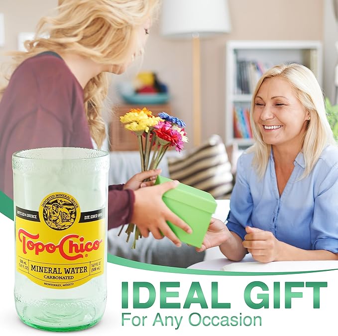 Topo Chico Drinking Glasses 12 Fl Oz Fire Polished Smooth Rim Upcycled (Set of 2) Gift - Glassware Sets - Glass Tumbler - Water Cocktail Wine Whiskey Tequila Glass - Cup - Recycled Drinkware
