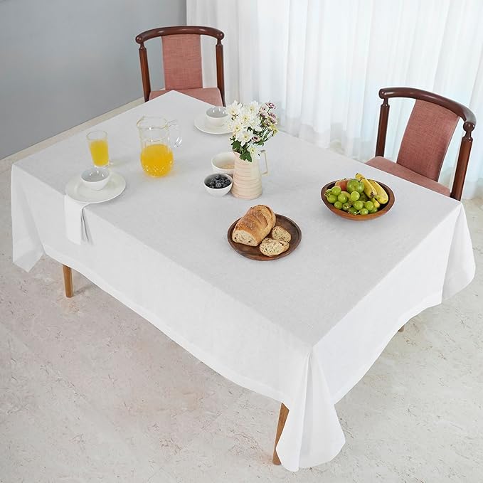 D'Moksha Homes White Tablecloth 60 x 108 Inch - 100% Pure Linen Rectangular Tablecloth - Machine Washable Table Cloth for Valentines, Spring, Easter