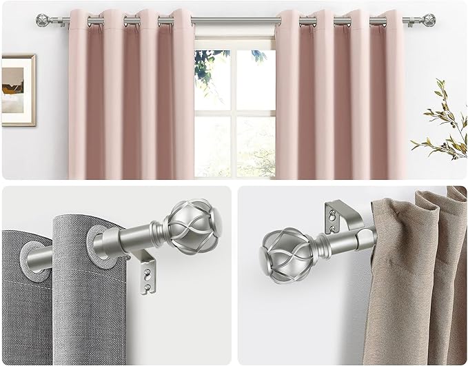 Silver Curtain Rods 2 Pack, New Splicing Rods for Windows 48 to 84 Inch, Single Drapery Rod with Netted Finials, Antique Silver