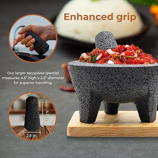 Molcajete Mexicano 8-Inch Guacamole Bowl with Pestle and Mortar Bowl Set, Volcanic Rock Molcajete, Oven Safe, Handmade in Mexico, Includes Cutting Board and Instructions, 750ml - Black Stone