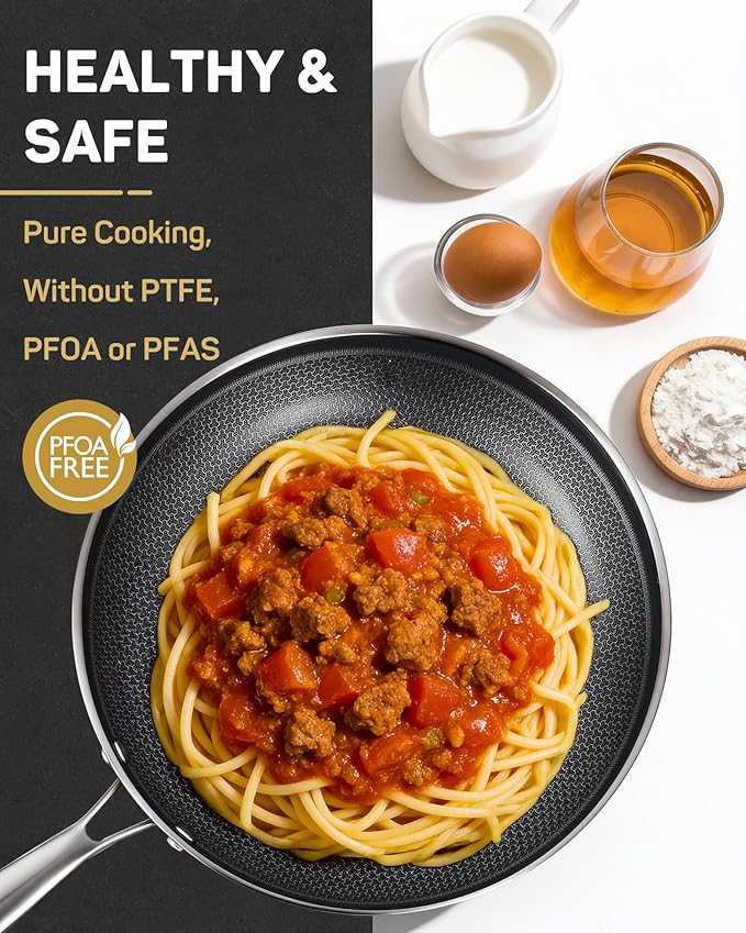 Stainless Steel Nonstick Frying Pan, Hybrid Ceramic 12-Inch Frying Pans, Stay-Cool Handle, PFAS & PFOA PTFE Free, Dishwasher & Oven Safe, Scratch-Resistant, Compatible with Induction & All Cooktops