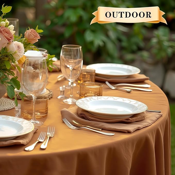 sancua Round Tablecloth 70 Inch(Fits 20-58 Inch Tables) Light Brown- Water Resistant Spill Proof Washable Polyester Fall Table Cloth Decorative Fabric Cover for Dining Thanksgiving Parties, Bronze