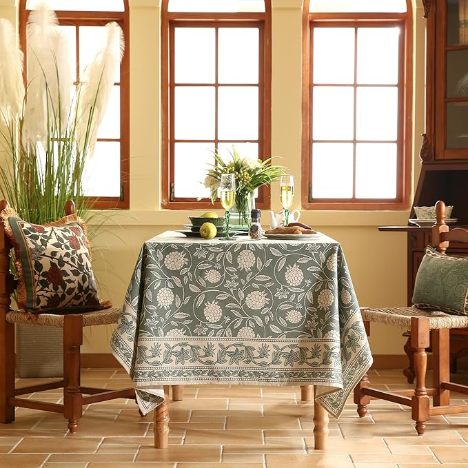 ISAENNE Designer Grayish Green Linen Small Round Tablecloth,Floral Stain Resistant Table Cloth,Fall Vintage Decor Tablecloths for Dining Thanksgiving Kitchen Party,Diameter 55"-Andrew A