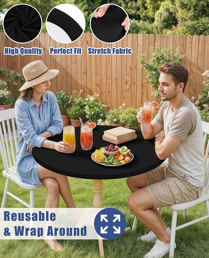 Round Spandex Tablecloth, Elastic Fitted Waterproof Tablecloths for 31"-35" Tables, Stretch Washable Picnic Table Cover for Camping, Dining, Indoor and Outdoor, Black