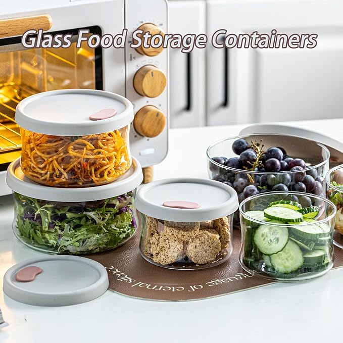 Glass Food Storage Containers with Lids, Leak-Proof BPA Free Round Glass Containers with Lids for Storage soups and leftovers - Microwave, Dishwasher, Freezer Safe (Gray 6PCS)