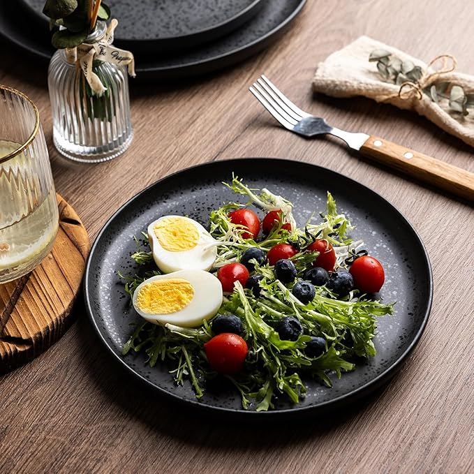 AmorArc Ceramic Dinnerware Sets, Wavy Rim Stoneware Plates and Bowls Sets,Dishwasher & Microwave & Oven Safe Dishes set, Service for 6 (18pc)-Charcoal Matte