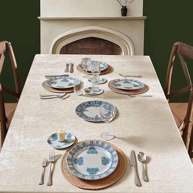 MIULEE Beige Velvet Table Cloth with Decorative Ruffle Edge Luxurious Soft Spring Washable Rectangular Tablecloth Thick Wrinkle-Resistant Oblong Table Cover for Kitchen Dining Wedding 60x102 Inch