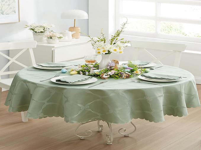 Newbridge Ribbons and Bows Damask Spring & Easter Holiday Fabric Tablecloth, Sage Green, 60 x 84 Inch Oval, Wrinkle & Stain Resistant Table Cover