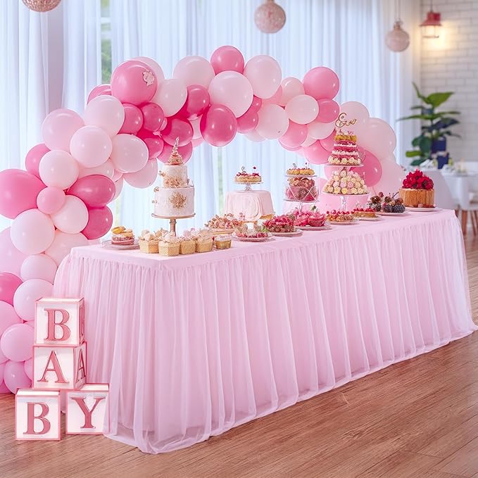 2 Pack 8ft Pink Tablecloths for Rectangle Tables, 8 Foot Pink Rectangular Table Cloth, Wrinkle Free Table Cover with Tutu Skirt for Baby Shower Girls Birthday Party Banquet Buffet Cake Decorations