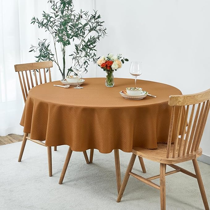 maxmill Tablecloth Weaved Texture Pattern Tablecloth Water Resistance Antiwrinkle Spillproof Soft Table Cloth for Fall Harvest Thanksgiving Parties Holiday Dinners, Round 90 Inch, Amber