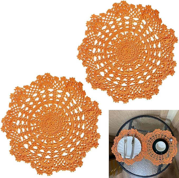 BIBITIME 2PCS Lace Table Doilies Kitchen Placemats Round Handmade Crochet Flower Cup Mug Mat Doily (13 inches to 14 inches,2PCS, Orange)