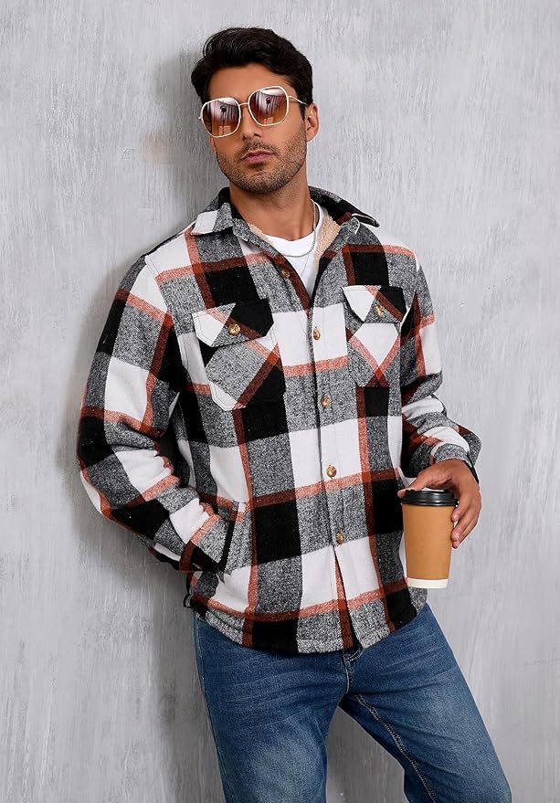 Men's Cotton Sherpa Lined Button Down Flannel Shirt Jacket Plaid Soft Outdoor Flannel Jacket Shirt