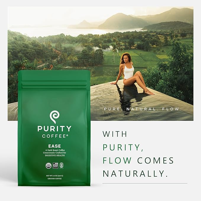 Purity Coffee EASE Low Acid Dark Roast Ground (12oz Bag) | Specialty-Grade USDA Organic Arabica Blend | Third Party Tested for Mold, Mycotoxins & Pesticides