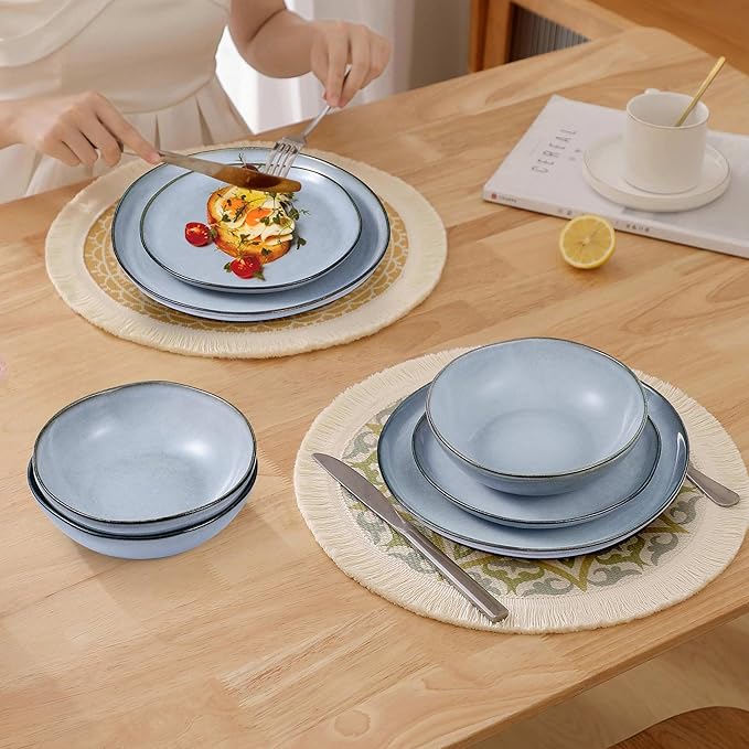 Herogo 24 Piece Dinnerware Dishes Sets for 8, Stoneware Plates and Bowls Dinner Set, Irregular Handmade Dishware Tableware for Home Kitchen, Microwave & Dishwasher Safe, Smoky Blue