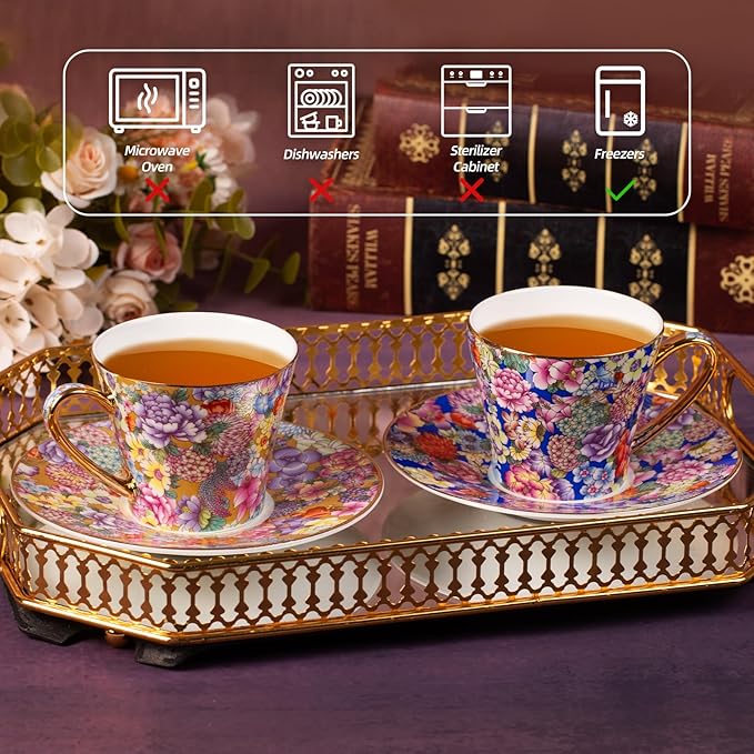 KAMMAK Tea Cups and Saucers Set of 2, Porcelain Coffee Cup with Saucer for Espresso, Cappuccino, 7.5oz Vintage Yellow Floral Ceramic Novelty Mug for Home, Tea Party, Office