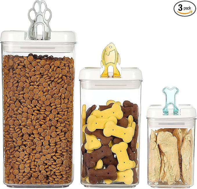 Felli Flip Tite Pet Food Container with Airtight Lids, BPA FREE Acrylic Canister with Paw Bone Fish Flip Top Handles for Cat Dog Kibble Treats Storage, Keep Fresh (Pet Collection Nest-L 3pk)