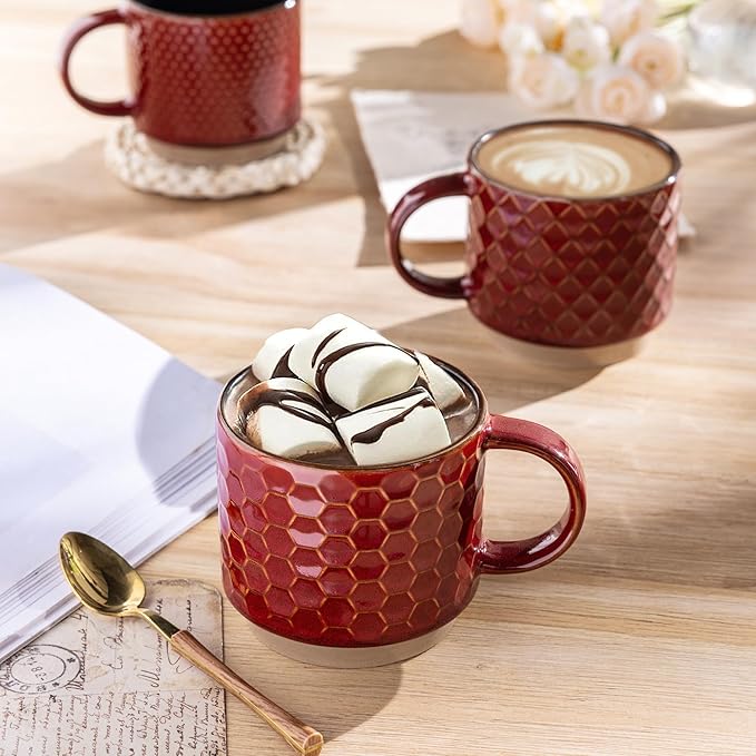 GBhome 12 OZ Stackable Coffee Mugs Set of 4, Ceramic Coffee Cups with Texture Patterns for Man,Woman,Dad,Mom, Modern Mugs Set for Latte/Cappuccino/Cocoa. Dishwasher&Microwave Safe, Red