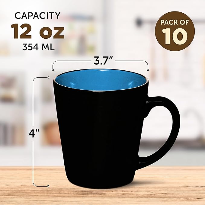 DISCOUNT PROMOS Ceramic Coffee Latte Mugs 12 oz. Set of 10, Bulk Pack - Perfect for Coffee, Tea, Espresso, Hot Cocoa, Other Beverages - Blue