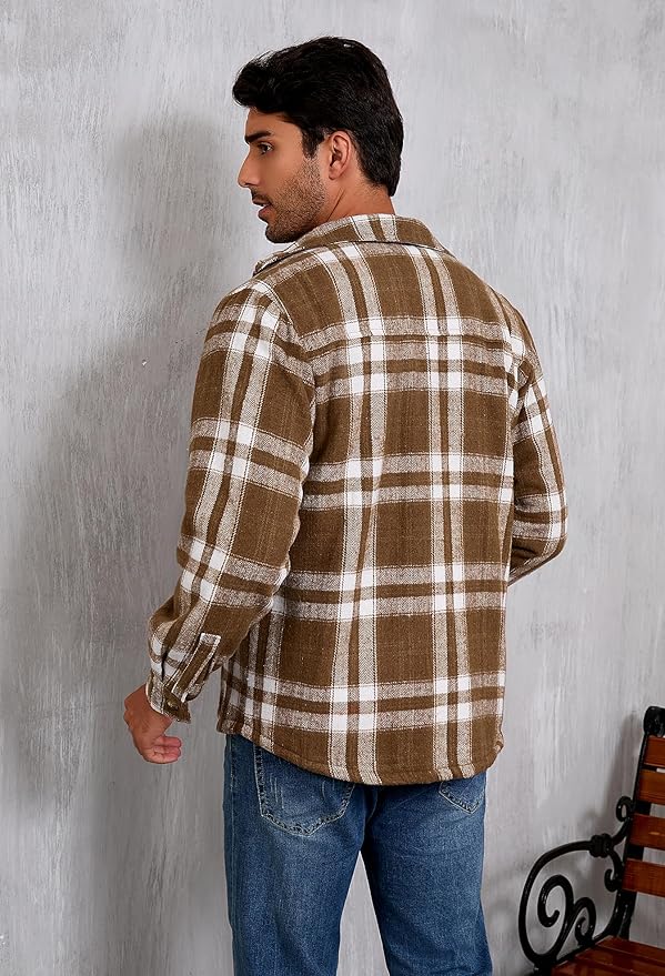 Men's Cotton Sherpa Lined Button Down Flannel Shirt Jacket Plaid Soft Outdoor Flannel Jacket Shirt