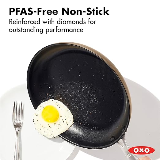 OXO Enhanced 12” Nonstick Frying Pan Skillet with Lid, Ceramic PFAS-Free Cookware, Stainless Steel Handle, Eggs & Omelets, Dishwasher & Oven Safe, Biscuit Brown