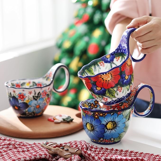 ALMA 2025 Updated 18oz Large Soup Bowl Microwave Safe, Ceramic Soup Bowl with Loop Handle,Ceramic Cereal Bowl for Soup,Snack,Chip,Stew,Ice cream-Jungle Floral Theme