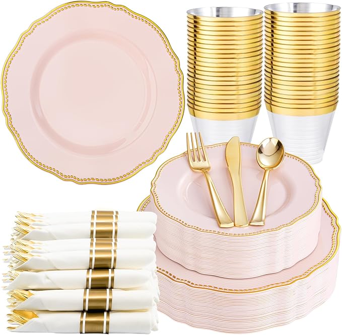Hioasis 175pcs Pink and Gold Plastic Plates - Pink Plastic Dinnerware Set Includes 25 Dinner Plates, 25 Dessert Dinnerware, 25 Cups, 25 Napkins Perfect for Wedding & Valentine's Day