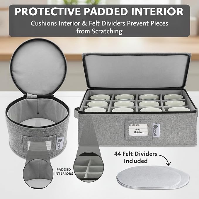China Storage Hard Shell Containers 5-Piece Set Moving Boxes for Dinnerware, Glasses, Plates, Mugs and Saucers Sturdy Dish Organizer with Dividers for Seasonal Storage - Service for 12 - Gray