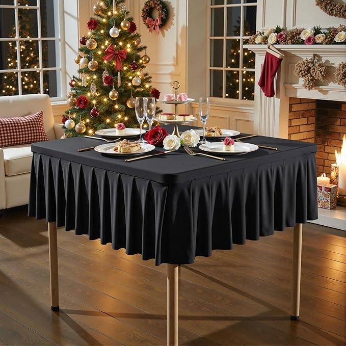 Wish Care 2 Pack Black Spandex Tablecloths for 48x48 Inch Square Tables, Stretch Fitted Table Clothes with Pleated Ruffle Skirt for 48” Table, Wrinkle Free and Elastic, for Party Kitchen Home Dining
