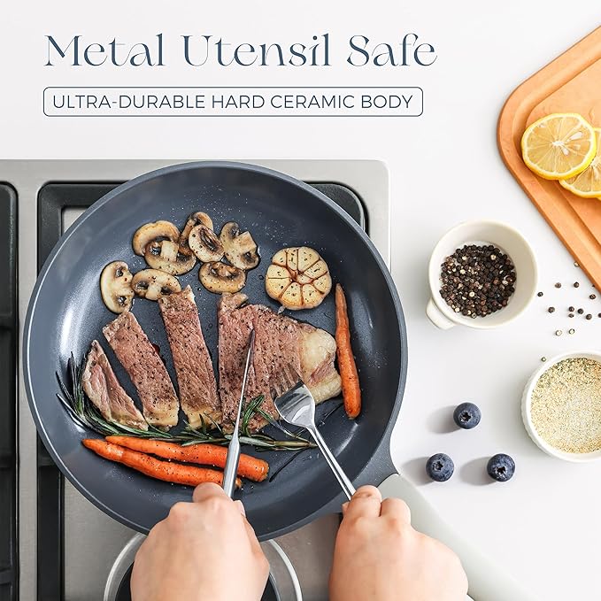 PRICUSIS 8Pcs Ceramic Nonstick Frying Pan Set with Lid, 8+10+12 Inch Induction Compatible Skillet with Stay Cool Handle, Fully Coated, 100% Dishwasher Safe, PFAS & PTFE & PFOA Free (Blueberry Gray