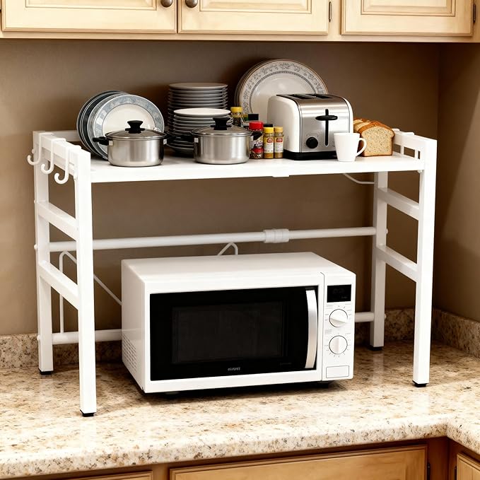 Microwave Oven Rack, Microwave Shelf Expandable Microwave Stand Countertop Kitchen Utensils, Bakers Rack, Carbon Steel Over Microwave Shelf Countertop with 6 Hooks (White, 2 Tier)
